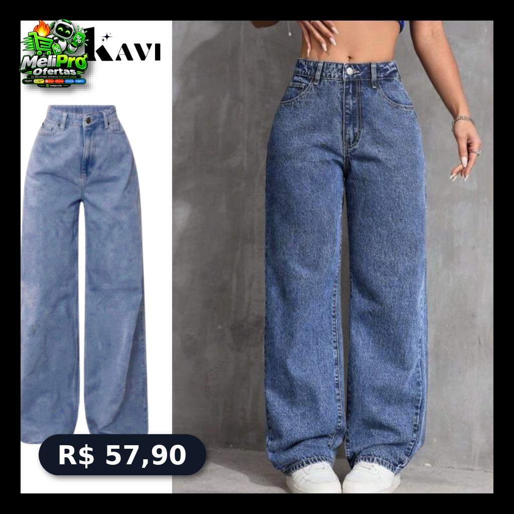 Calça Wide Leg Jeans Feminina Cintura Alta Pantalona