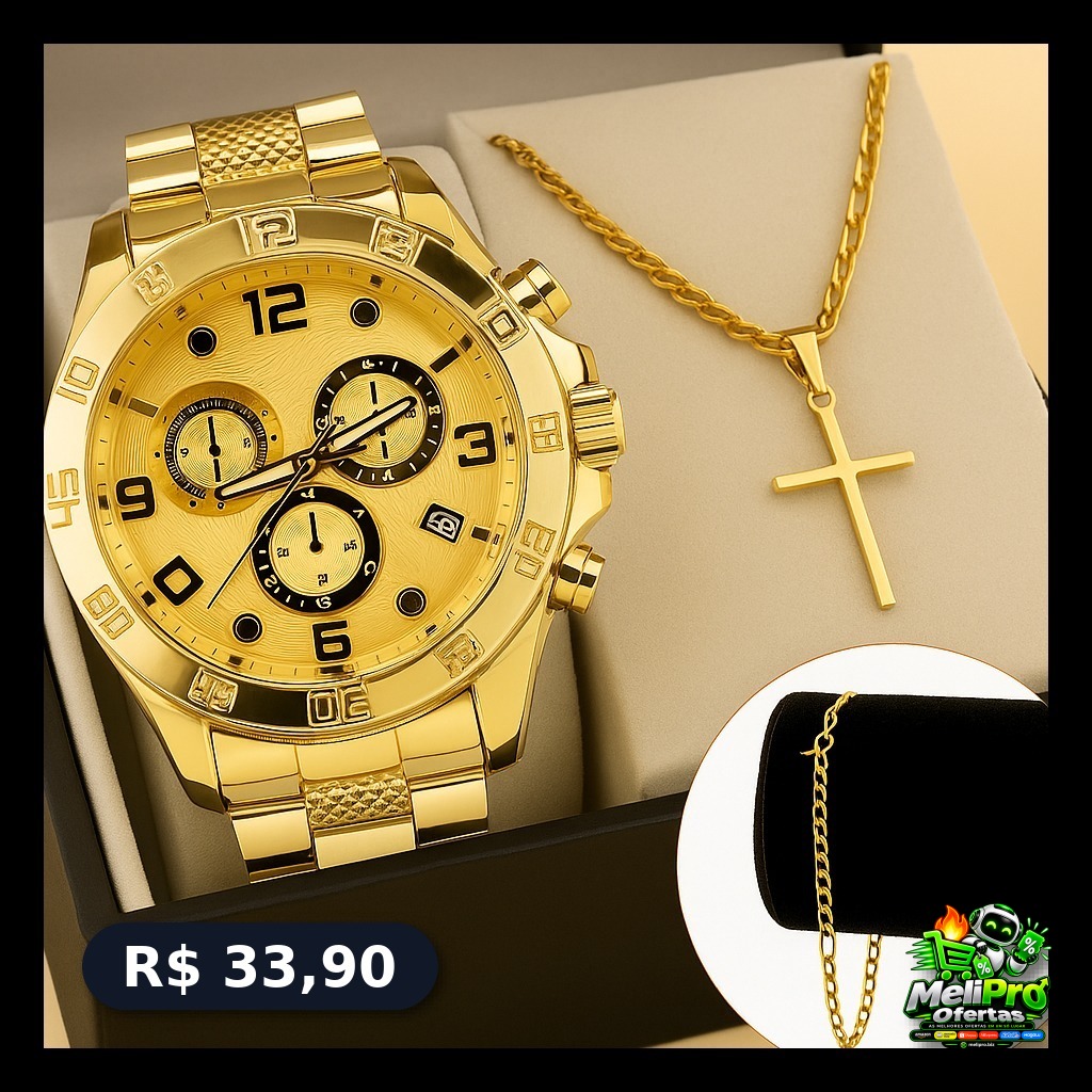 Kit Relógio + Corrente Pingente Cruz + Pulseira Masculina em Aço Inox – Prata ou Dourado