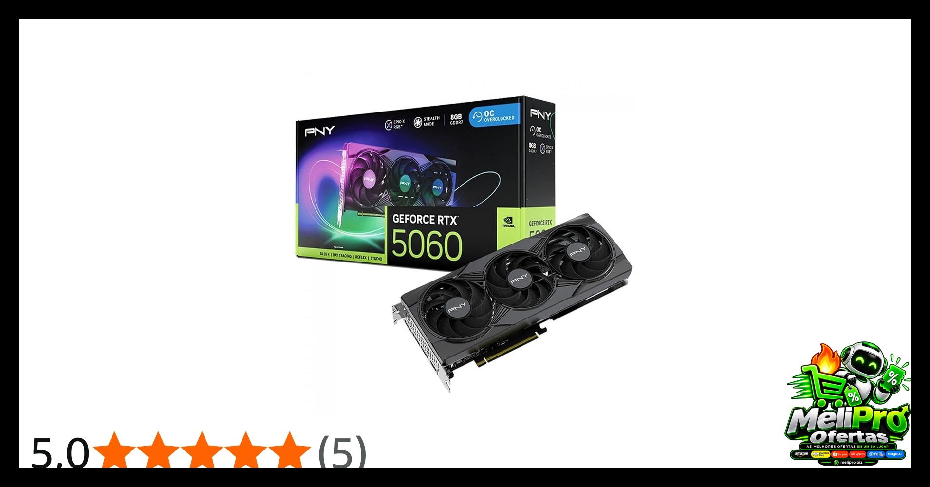 Placa de Vídeo Pny Nvidia Geforce Rtx 5060 Epic-x Rgb Oc Triple Fan, 8GB, Gddr7, Dlss, Ray Tracing, Vcg50608tfxxpb1-o-tf