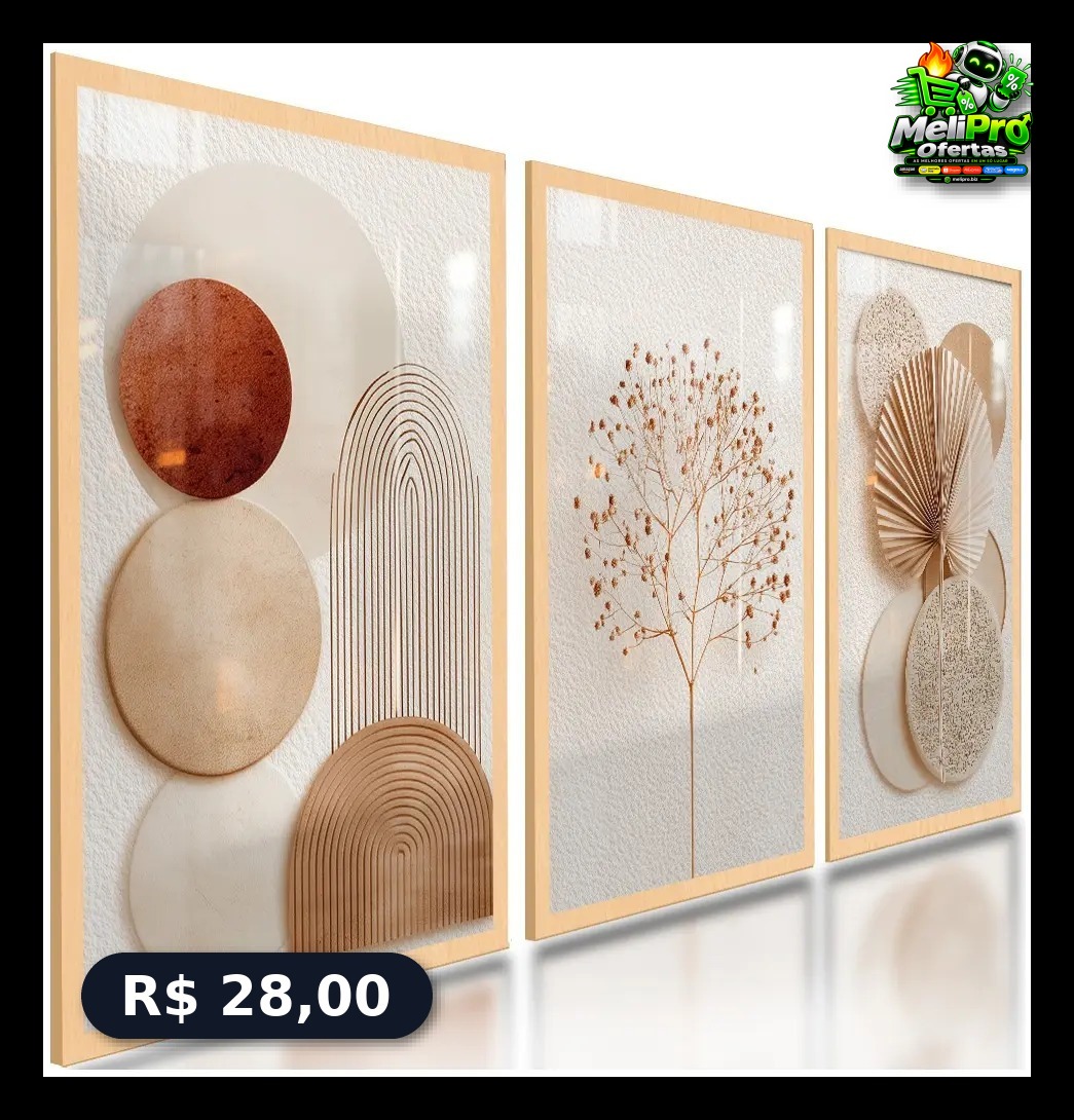 Quadros Decorativos Abstratos Geométricos Boho Neutro 122x60 Cor Carvalho Armação Infinita