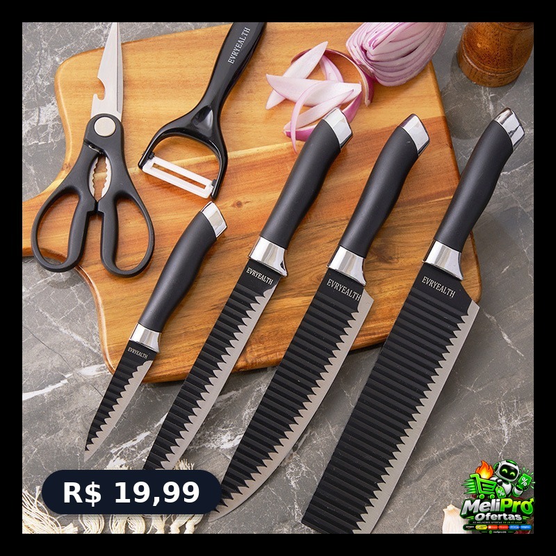 Kit facas de cozinha/Churrasco Profissional Antiaderente 6 Peças Preto/colorido