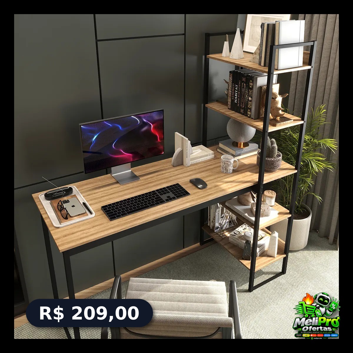 Mesa Escrivaninha Industrial Laminado Com Preto 5 Prateleiras Design Moderno Modelo Para Home Office Mod: Athenas Shoop