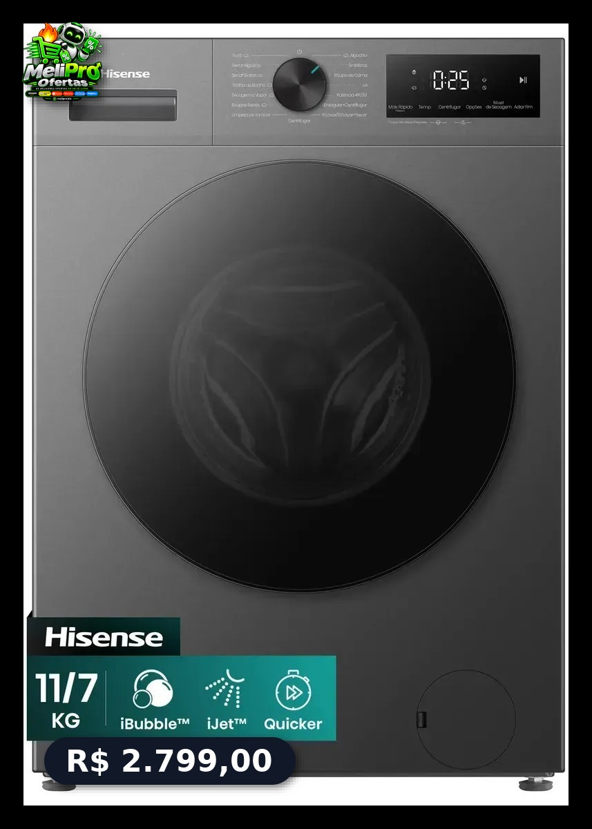 Lava e Seca Hisense 1i 11kg/7kg - 4 em 1, Inverter, Ciclo Rápido, Economia de Água - WD1i1141 127v