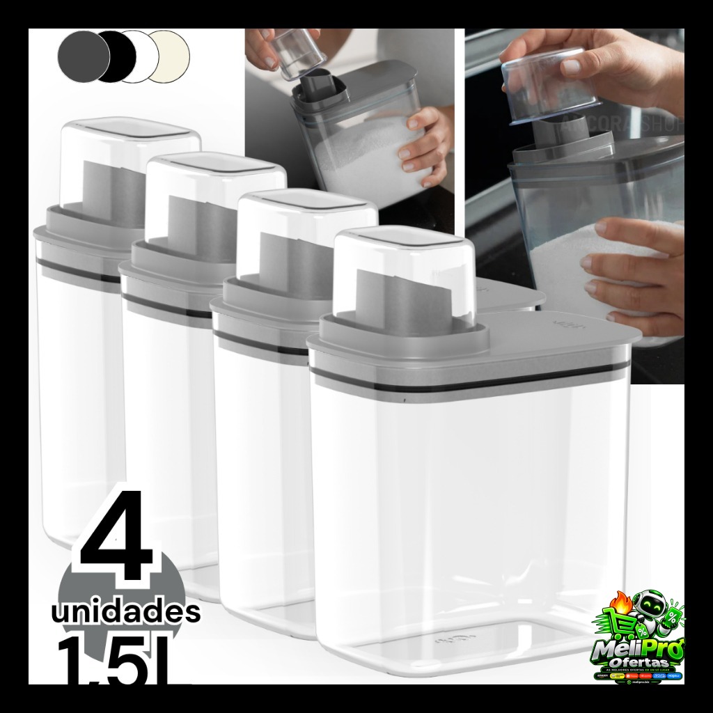 Kit 4un Dispenser Flow 1,5 Litros Porta Sabão Líquido em Pó Amaciante Alvejante Organizador Armário de Lavanderia