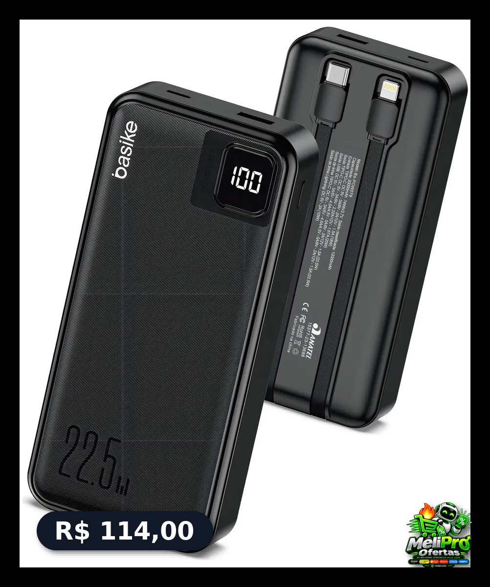 Power Bank Basike 20000mAh Preto, Carga Rápida 22.5W para iPhone e Samsung, Com Cabos Embutidos e Display