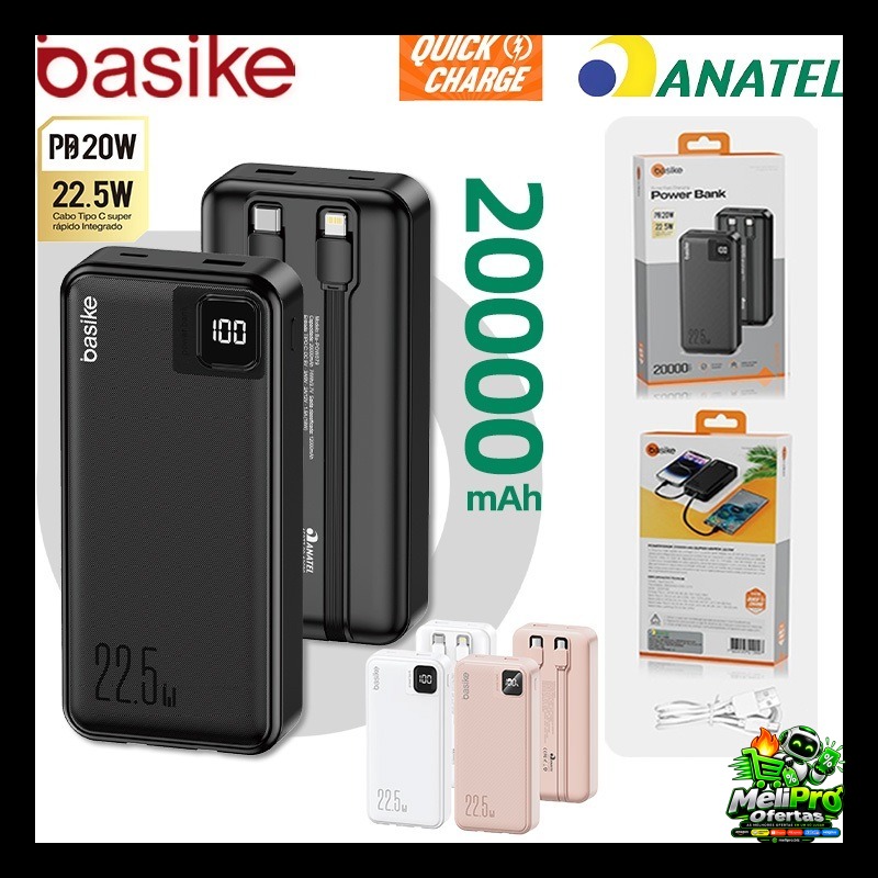 Basike Carregador Portátil Power Bank 20000mAh Bateria Externa