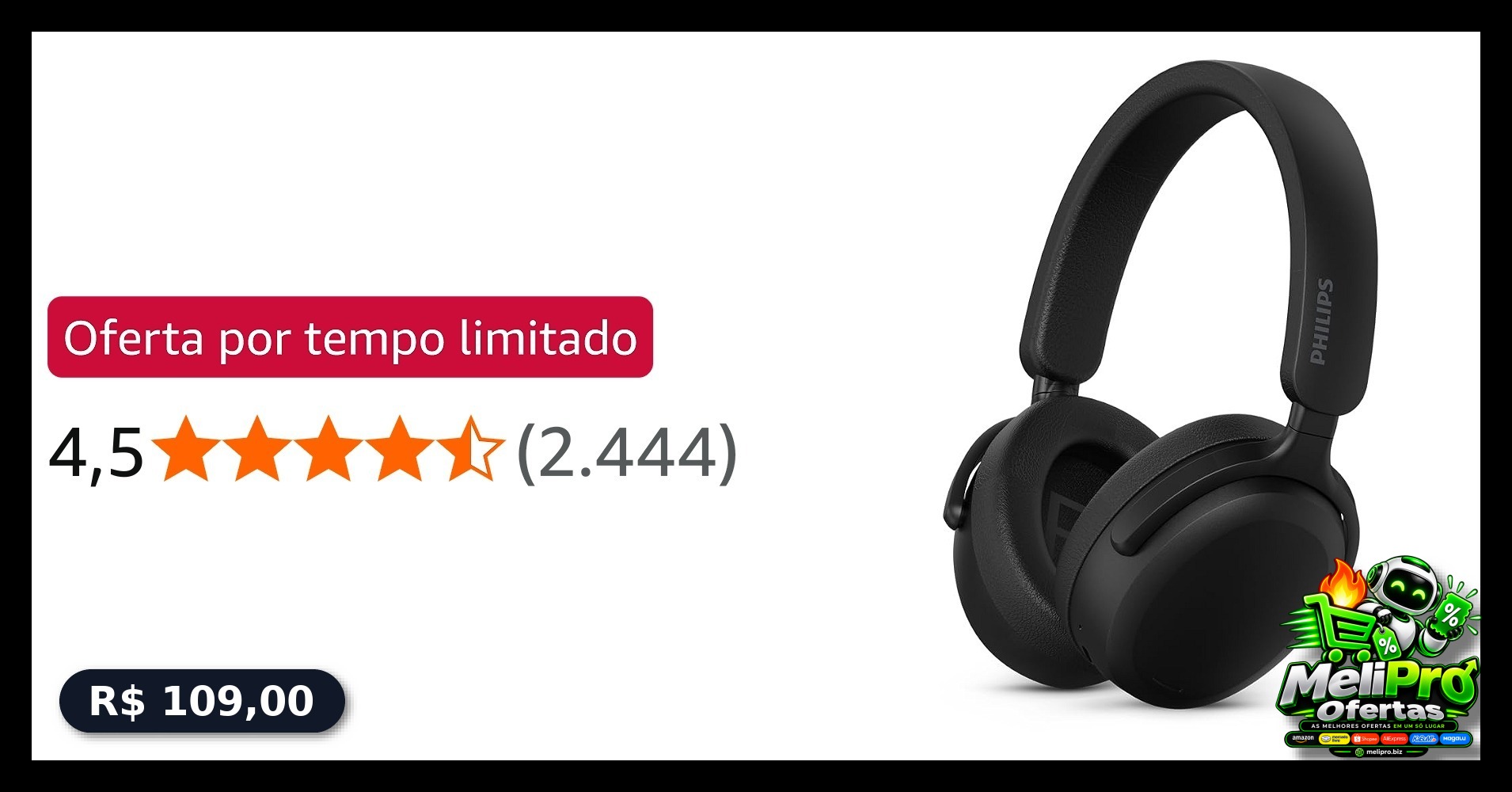 PHILIPS, Headphone Bluetooth, TAH2300BK/00, Com Microfone, Até 55 horas de bateria, Design Over-ear, Dobrável, Preto
