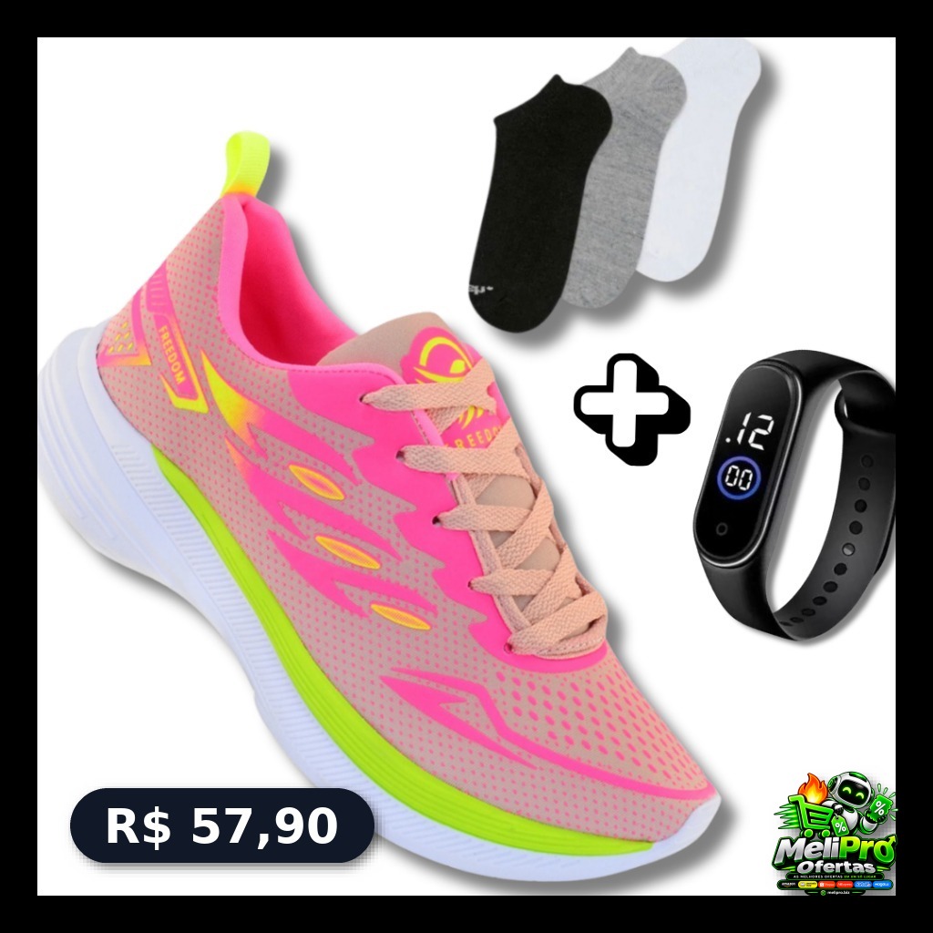 Tênis Esportivo Feminino + Meia + Relógio | Ideal Para Caminhada ou Academia!