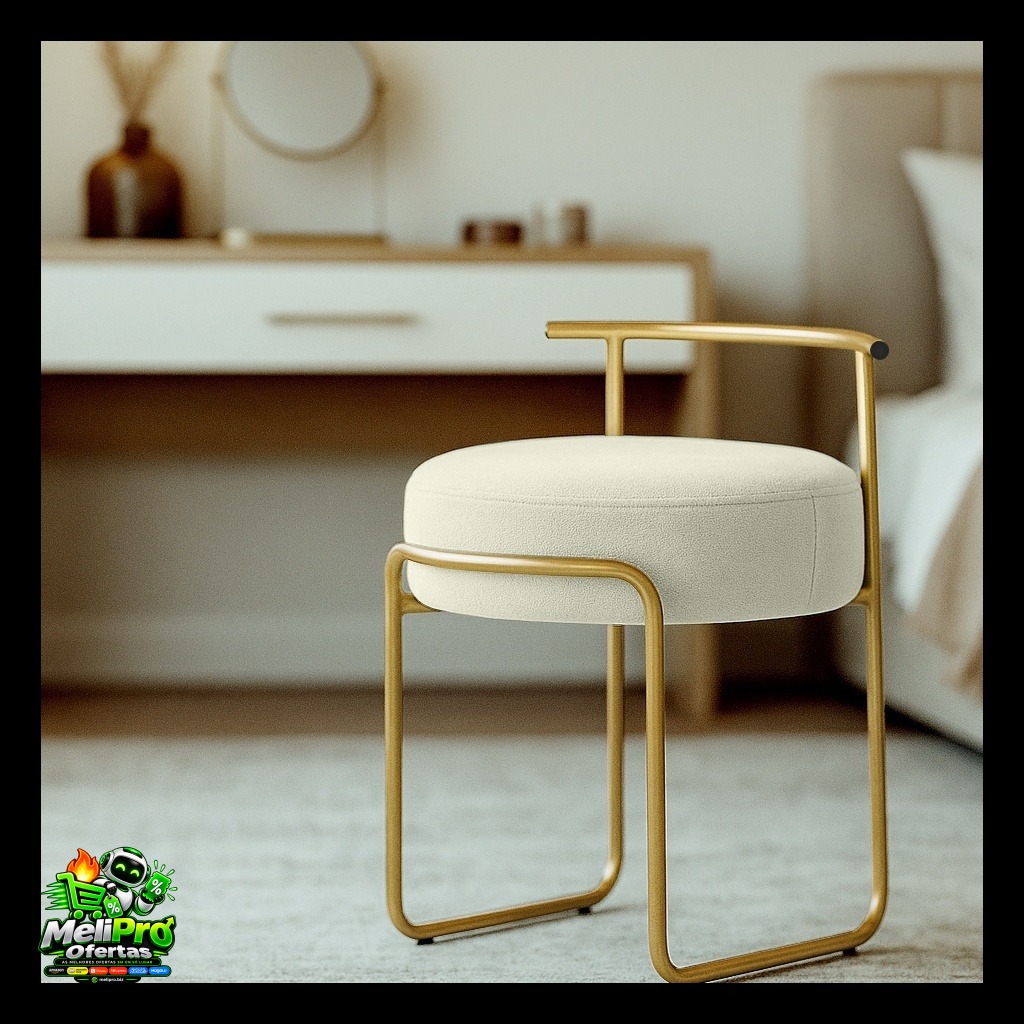 Puff Sala Redondo Evans Base Metal Gold Tecido Boucle Cores