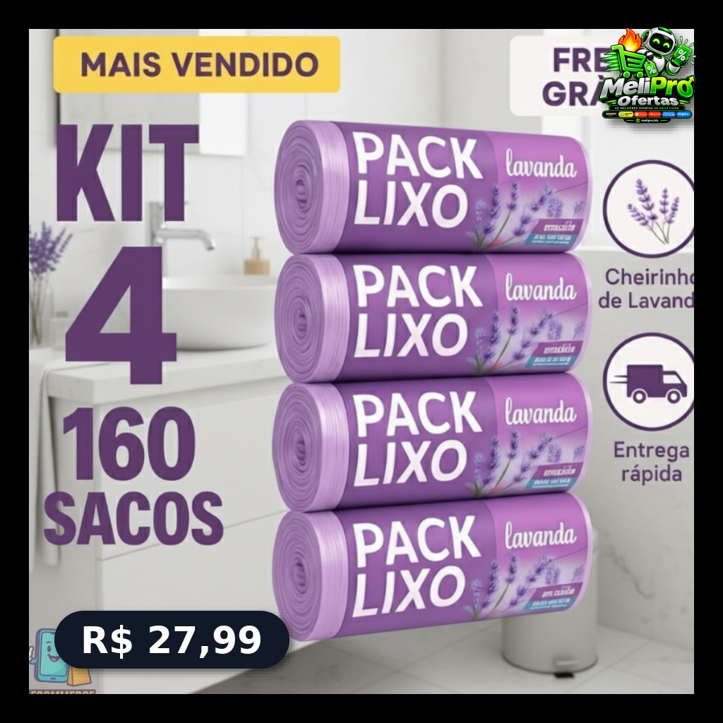 Kit 4 Sacos de Lixo Perfumados Lavanda 10 Litros 160 Sacos Pia e Banheiro 34x38cm Neutraliza Odores!