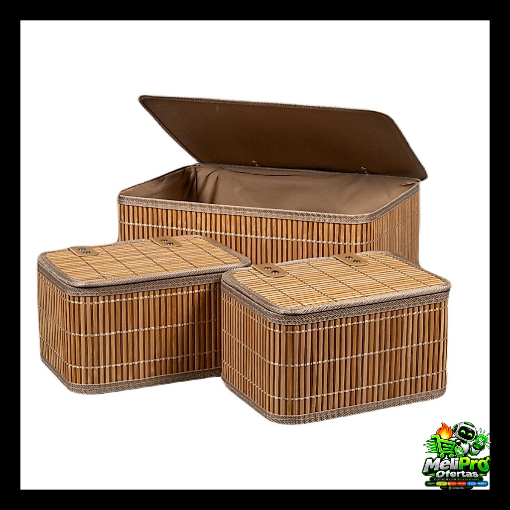 Conjunto 3 Caixa Cesto Organizador Retangular Bambu Tampa 23 36cm Marrom Decoração Casa Premium