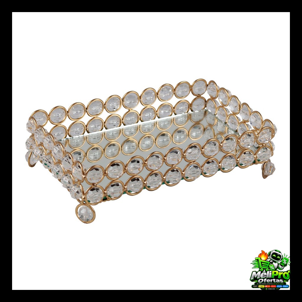 Centro de Mesa 12x22 Bordada com Pedrarias de Cristal e Fundo com Espelho Dourada