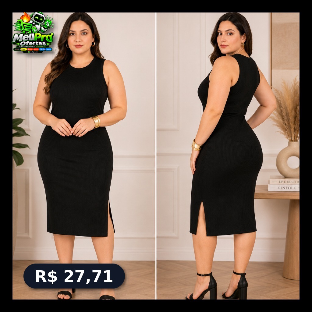 Vestido Midi regata com Fenda lateral Canelado Feminino