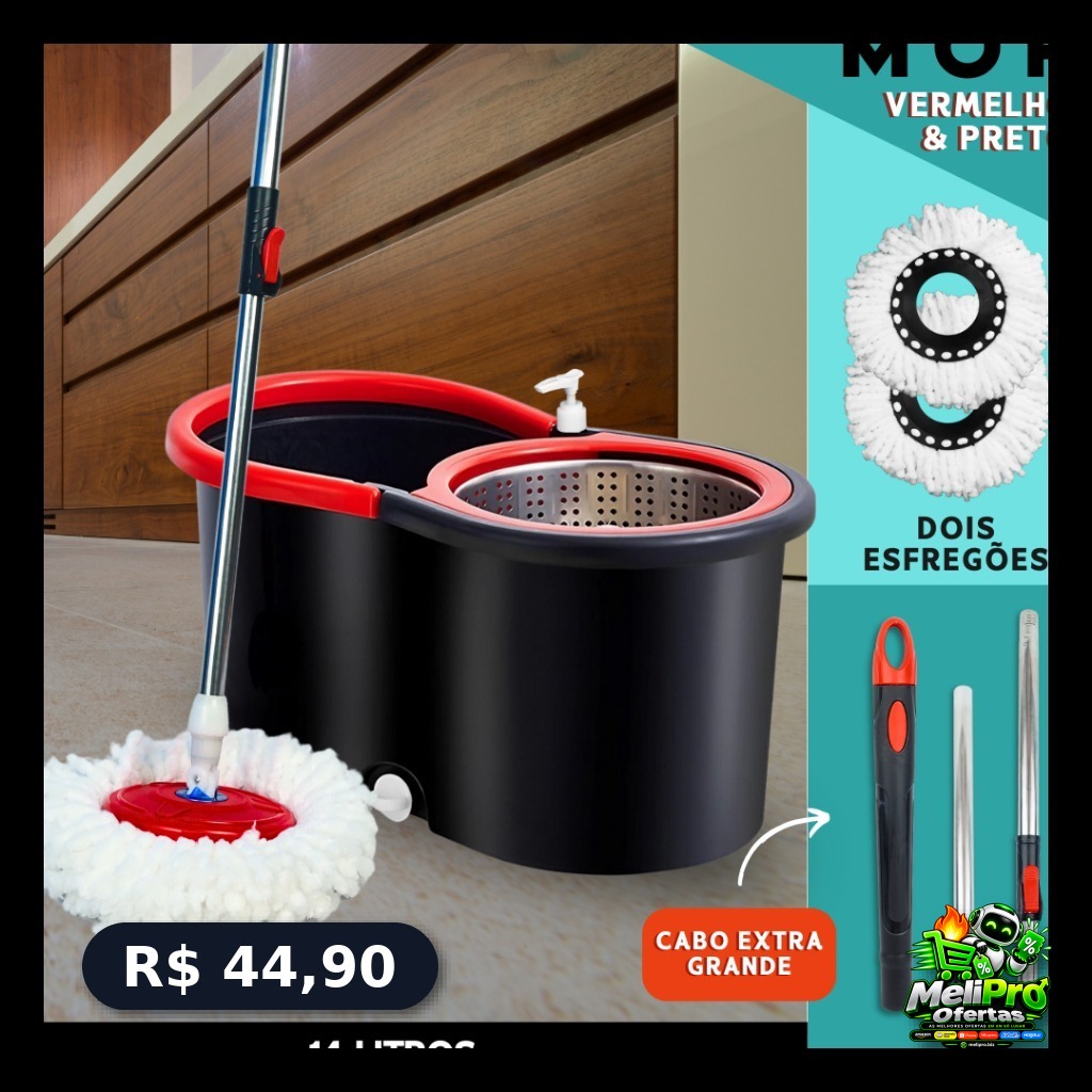 Mop Giratorio Com cabo de 140 cm Cesto Em Inox - Balde Centrífuga - C/2 Refil | Bnvt