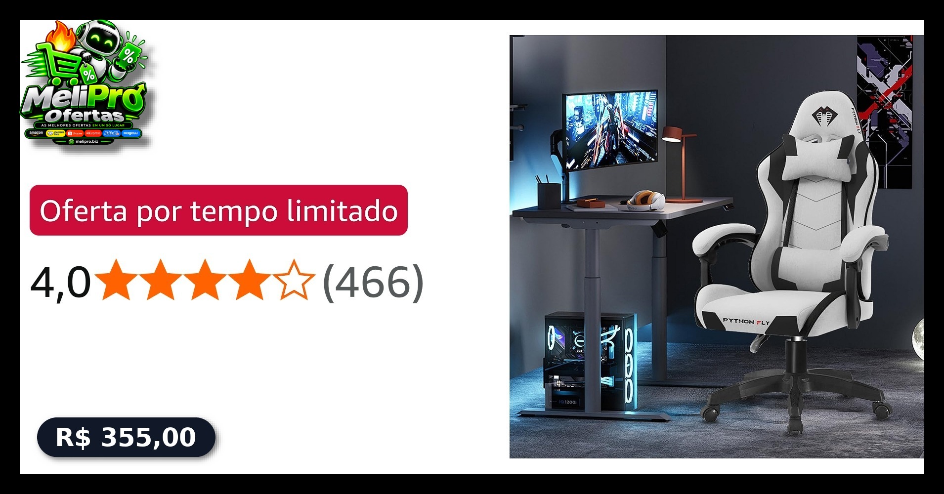 Cadeira Gamer Python Fly em tecido, respirável e ecológica, ângulo ajustável (Cinza Claro)