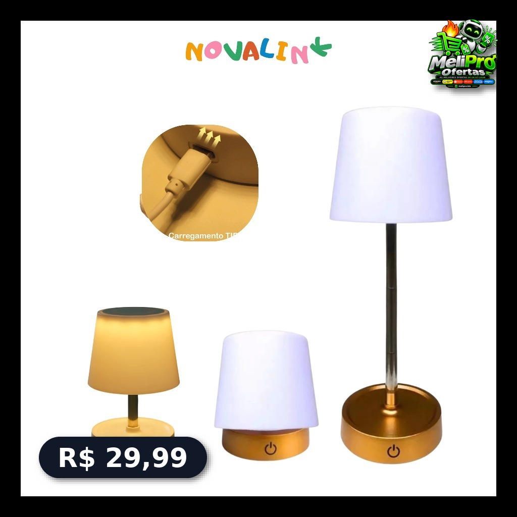Abajur Recarregável Touch Luminária Retrátil em Aço com