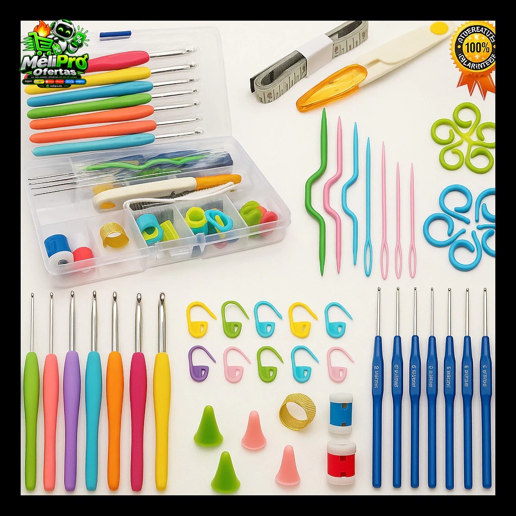 Kit Crochê Completo 53 Peças Para Fazer Amigurumi Agulhas Cabo Soft Tesoura Acessórios Lar das Fitas