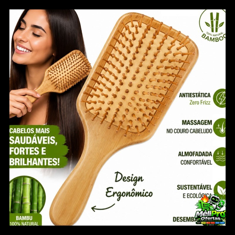 Escova de Cabelo de Bambu Natural | Antiestática | Almofada de Ar | Massagem no Couro Cabeludo | Sustentável