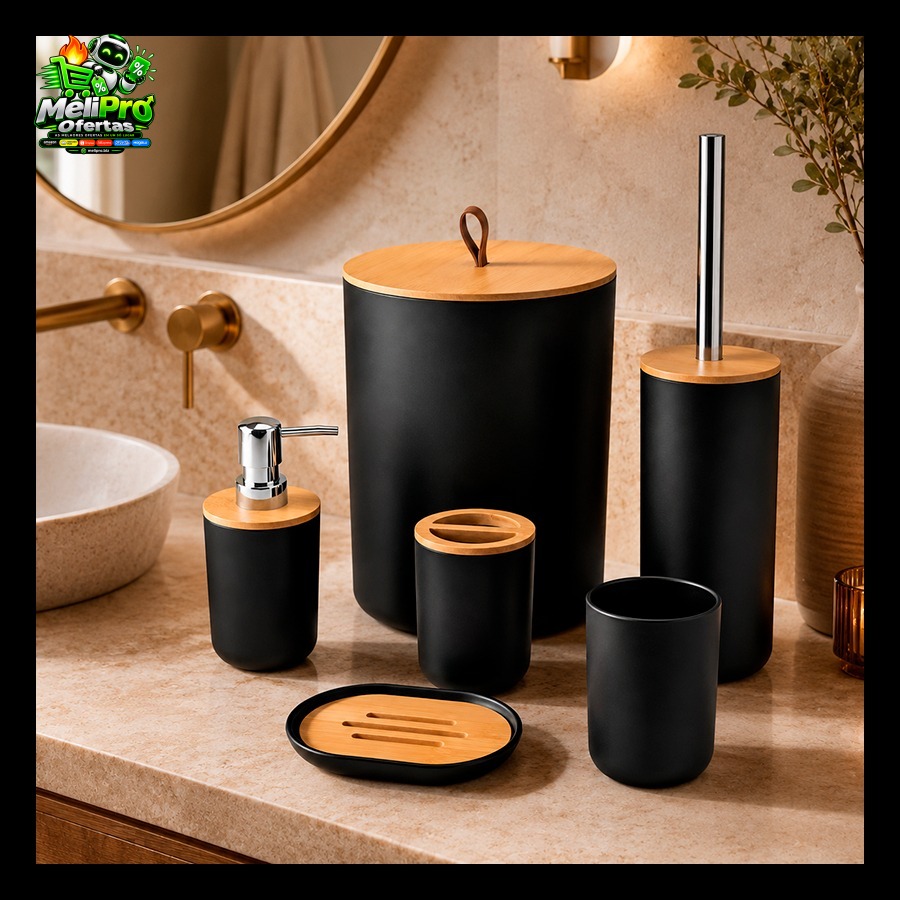 Kit 6 Peças Banheiro Lavabo Conjunto Acessórios lixeira escova Bambu Luxo Preto/Branco