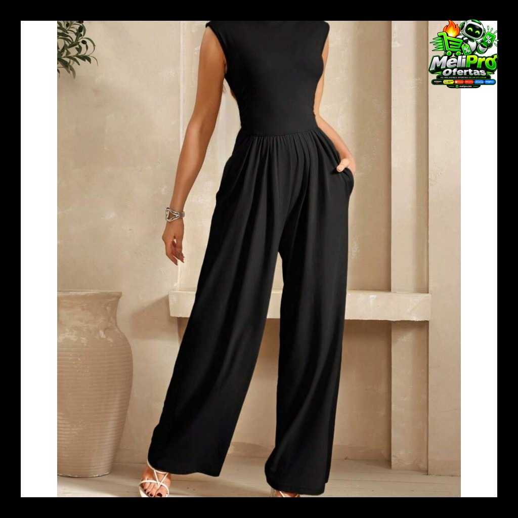 Macacão Feminino Longo Regata Pantalona Com Bolsos Social Luxo