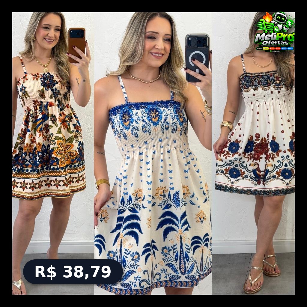 Vestido Feminino Curto Estampado Com Alça De Regulagem