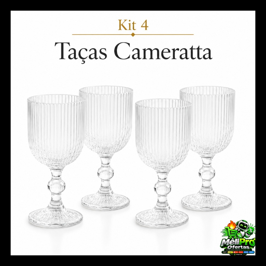 Kit 4 Taças Cameratta 360ml Vidro Transparente Canelado Mesa Posta Elegante