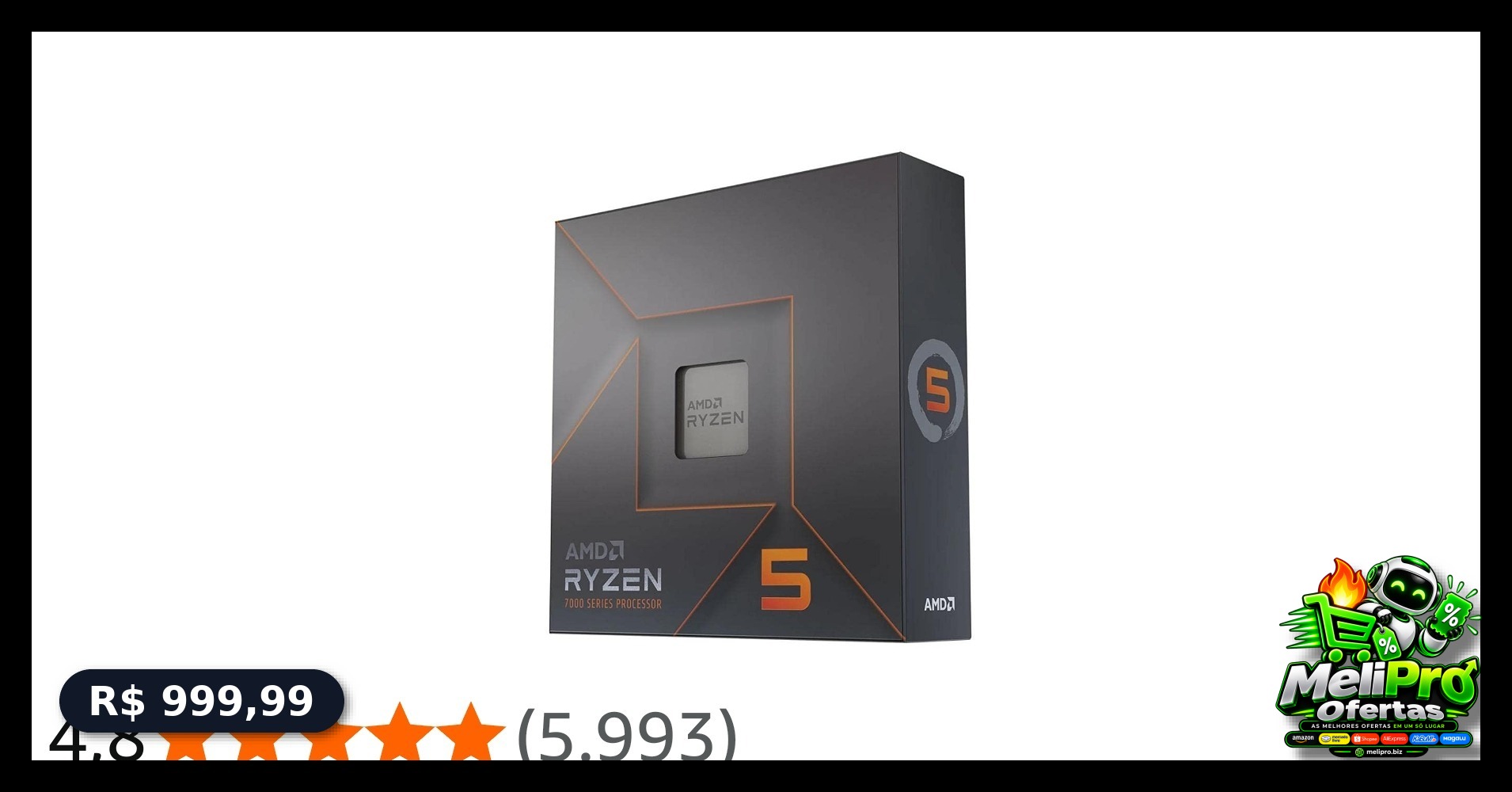 Processador AMD Ryzen 5 7600X Box AM5, 6 Cores, 12 Threads, 5,3GHz, 38MB Cache, Radeon Graphics, com Vídeo, sem Cooler