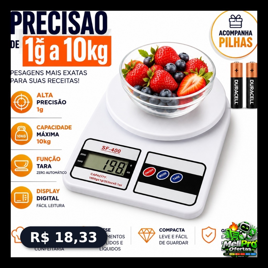 Balança Digital Cozinha 10Kg Precisão Balança de Alimentos Cozinha pilhas inclusas.