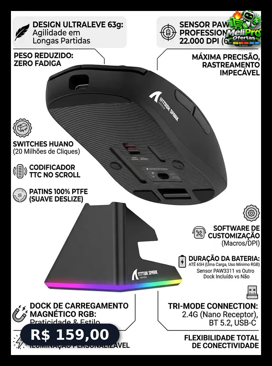 Mouse Gamer X11 Attack Shark Tri Mode 22000dpi Paw3311 Dock Cor Preto