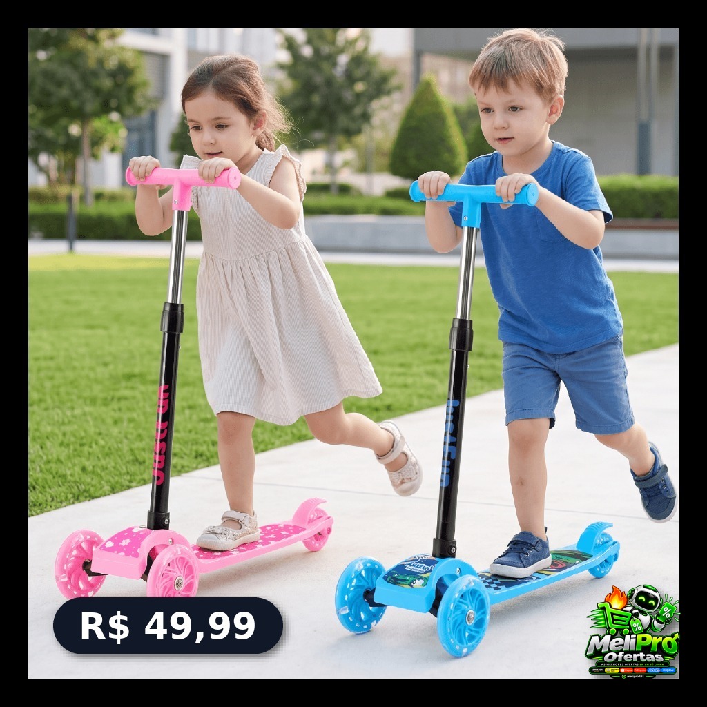 Patinete Infantil 3 Rodas Luz de LED Dobrável Portátil Altura Regulável Freio Traseiro Suporta 40kg Azul Rosa