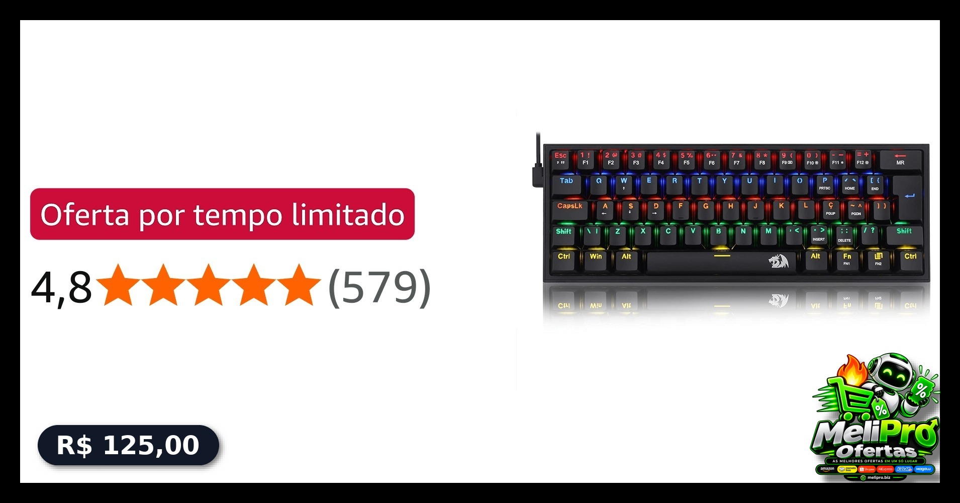 Redragon TECLADO MECANICO GAMER FIZZ RAINBOW PRETO SWITCH AZUL