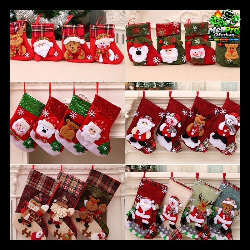 KIT 4 Meias de Natal Decorativas Premium em Tricô – 3 Tamanhos, Diversas Estampas para Lareira, Sala e Árvore de Natal.