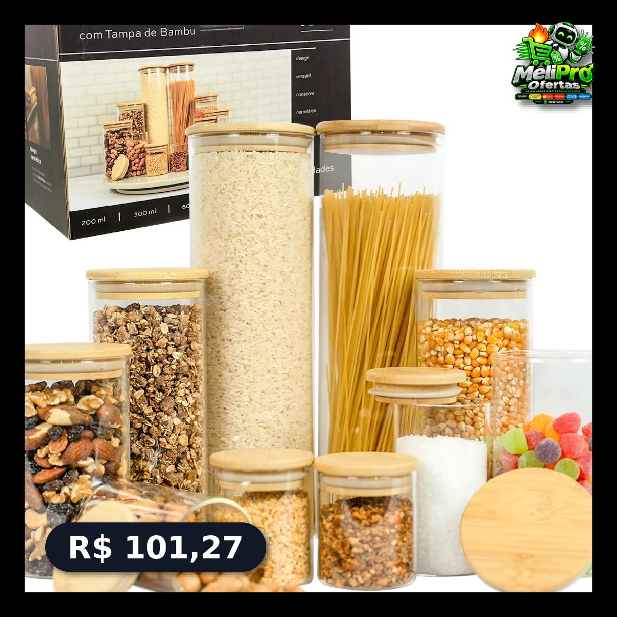 Kit 10 Potes Herméticos Vidro Tampa Bambu Seiri Para Mantimentos Cozinha