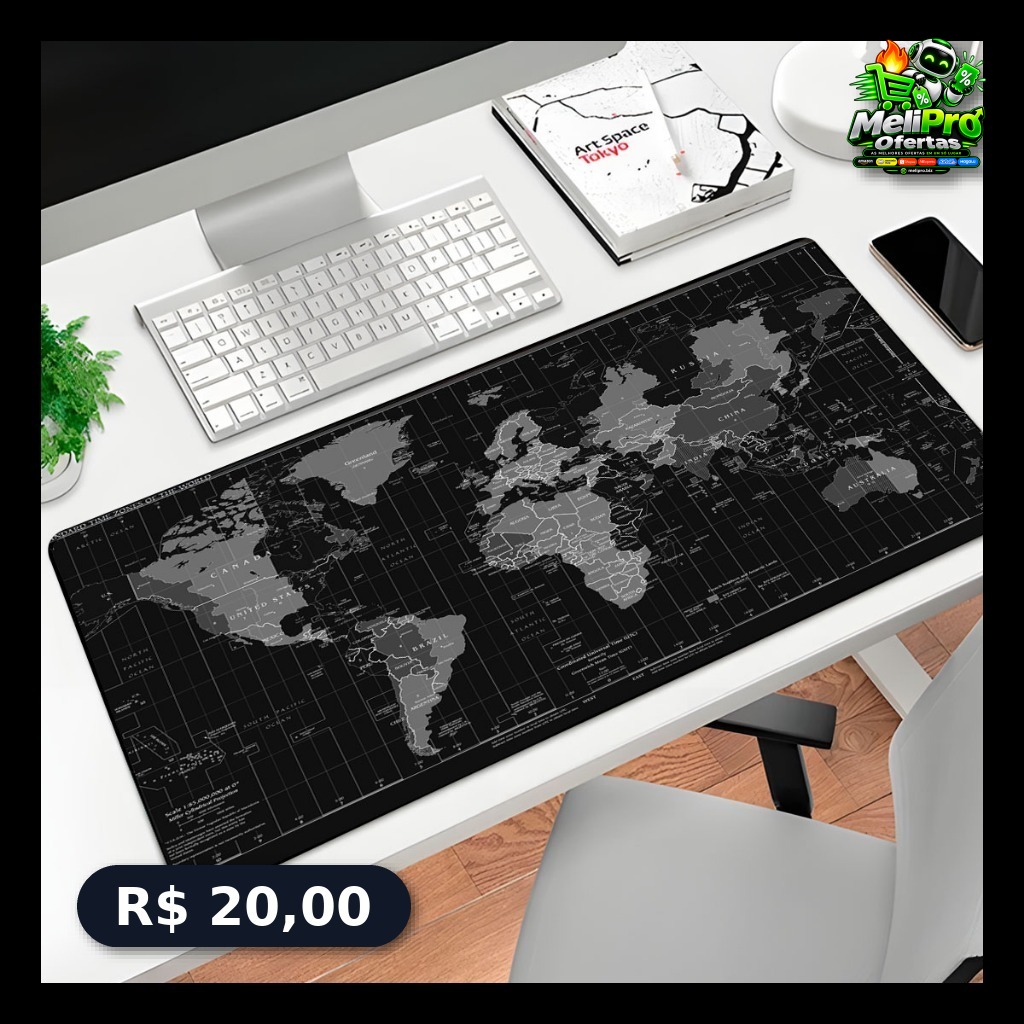Mousepad Gamer P/ Desktop Estampa Mapa Mundi 70X35CM Preto