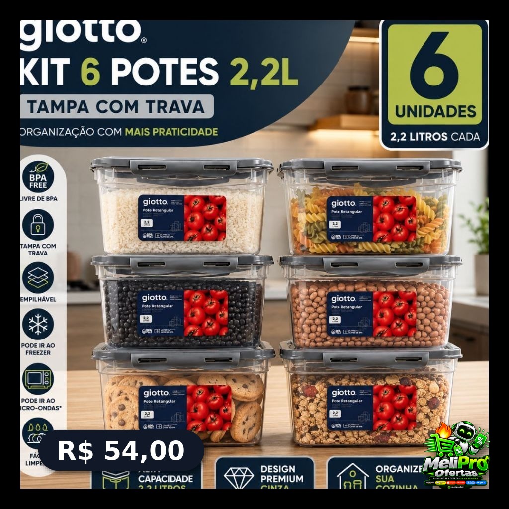 Kit 6 Potes Com Tampa e Trava 2,2L