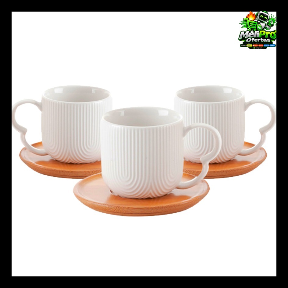 Jogo 4 Xícaras Porcelana Branco De Café Chá Com Pires de Bambu Madeira Oásis 90ml
