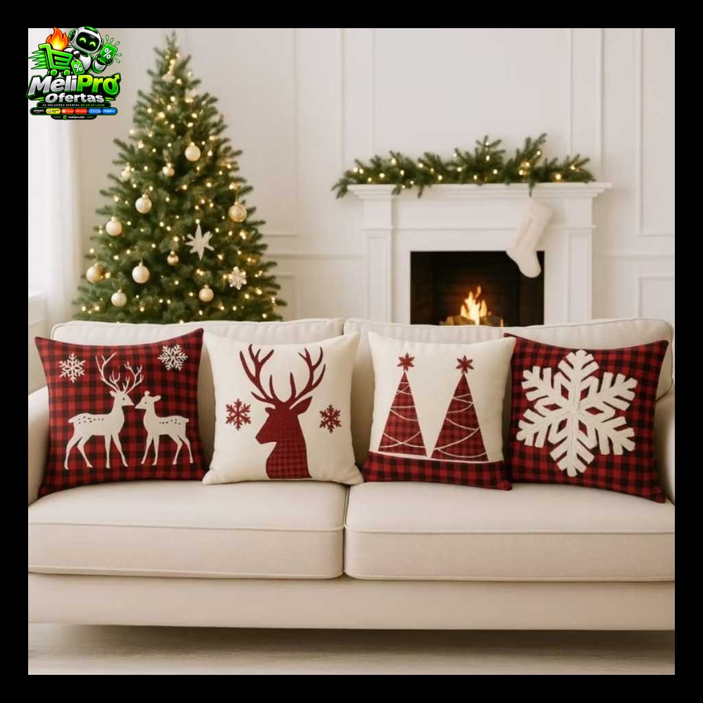 Kit 4 Capas de Almofadas Decorativas 45x45cm Feliz Natal Sala Quarto e Decoração