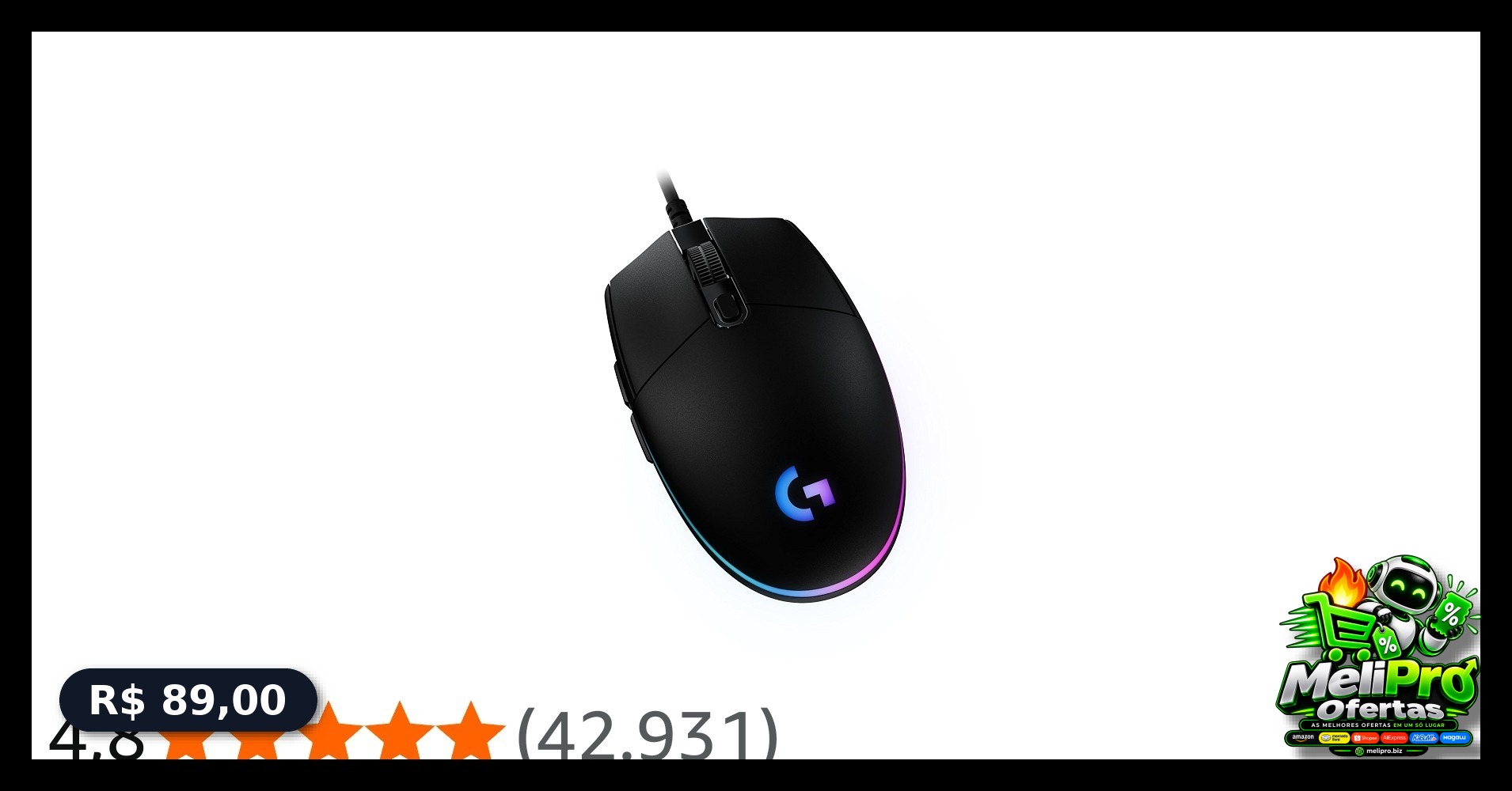 Mouse Gamer Logitech G203 LIGHTSYNC RGB, Efeito de Ondas de Cores, 6 Botões Programáveis e Até 8.000 DPI - Preto