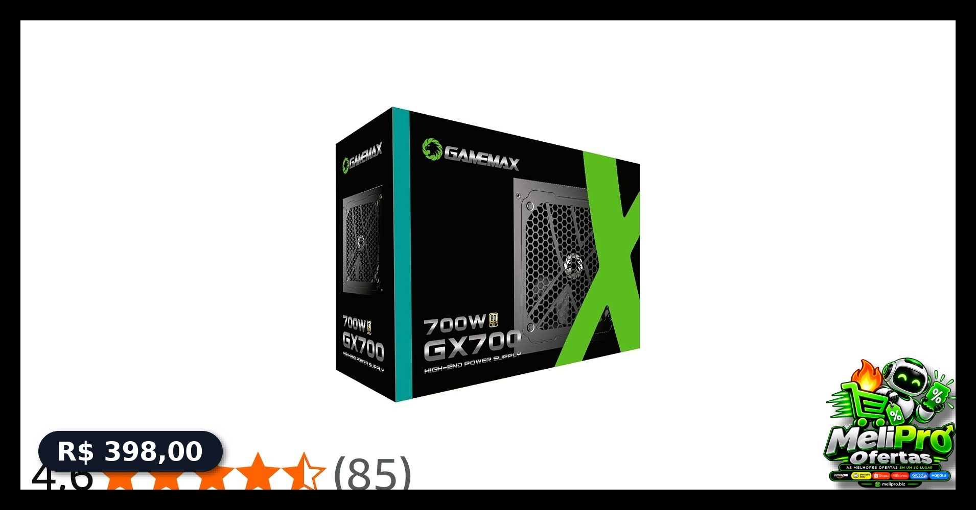 Fonte Gamemax GX700, 700W, 80 Plus Gold, PFC Ativo, Preto
