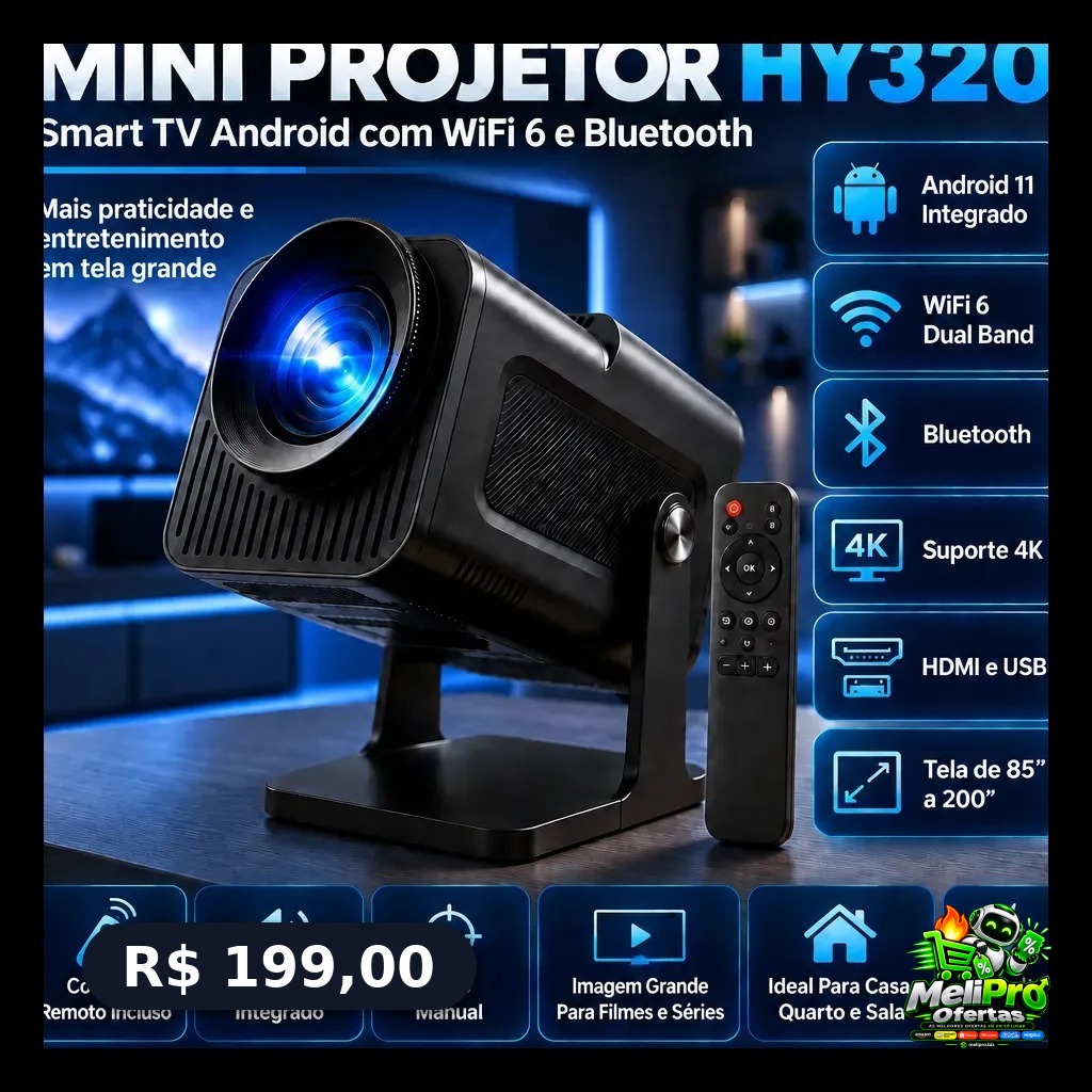 Projetor HY320 390 ANSI Full HD WiFi 6 4K Android Bluetooth 150 Polegadas HDMI USB Controle Remoto Bivolt Portátil Smart