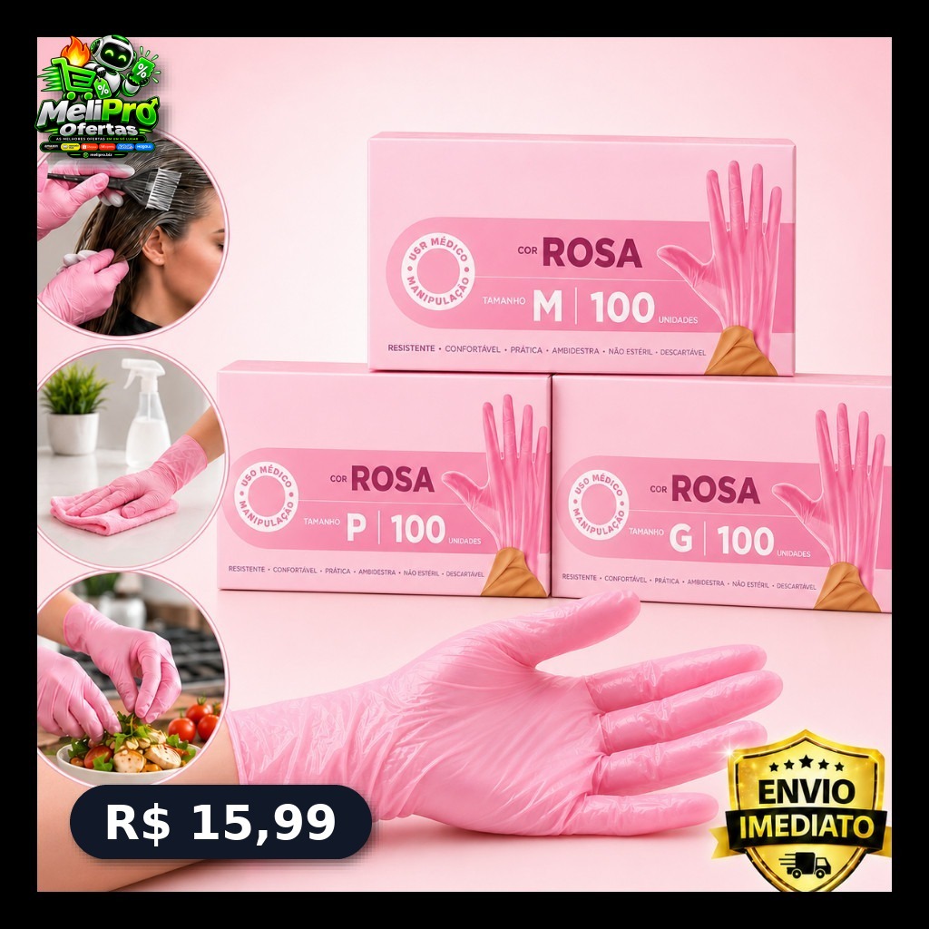 Luva Descartável Rosa Sem Pó 100 Unidades