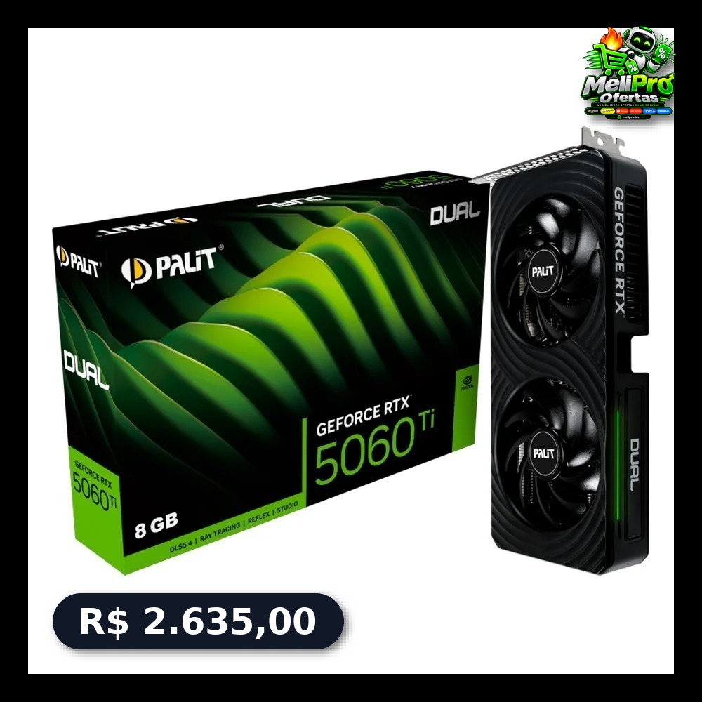 Placa de Vídeo Palit RTX 5060 Ti DUAL OC NVIDIA GeForce, 8GB GDDR7, 128bit, FP4 e DLSS 4, Ray Tracing - NE7506TT19P1-GB2