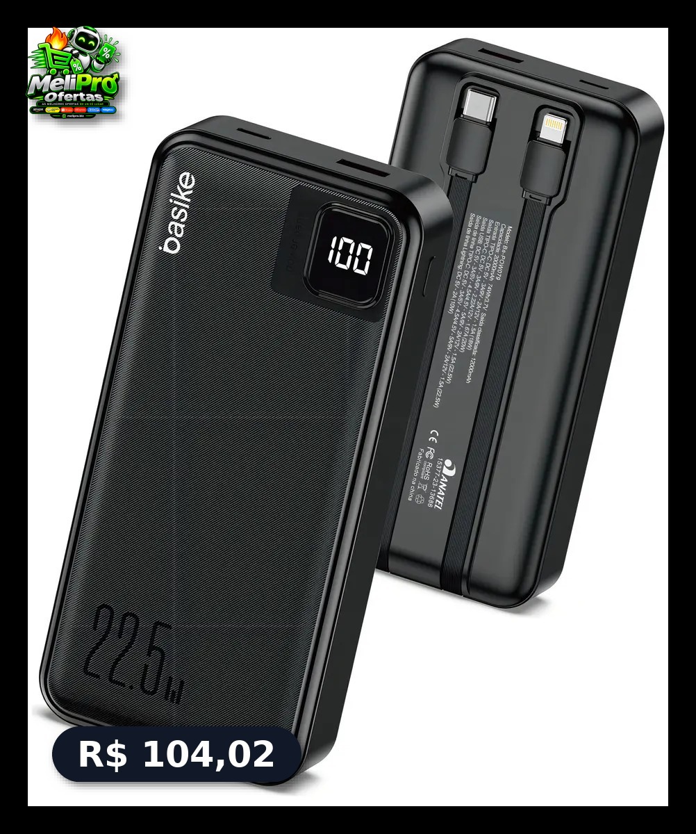Power Bank Basike 20000mAh Preto, Carga Rápida 22.5W para iPhone e Samsung, Com Cabos Embutidos e Display