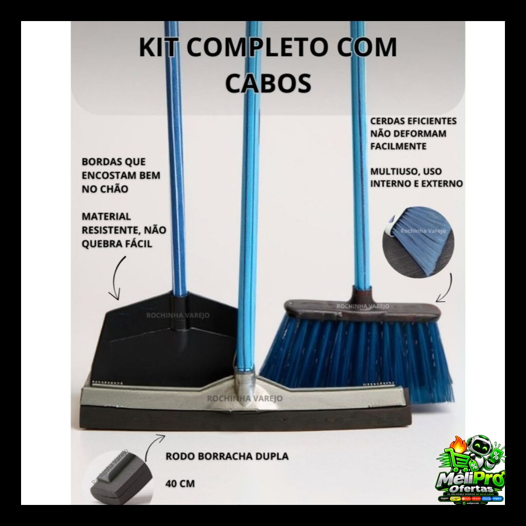 Kit Limpeza Completo Vassoura com Cabo Rodo Duplo 40cm com Cabo e Pá de Lixo com Cabo