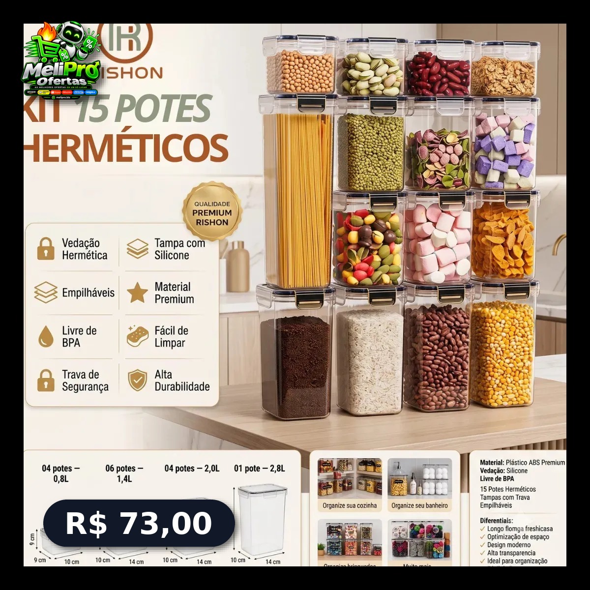 Kit 15 Potes Hermético Cadencia Mantimentos Retangular Cozinha Branco Rishon 22,4 Litros