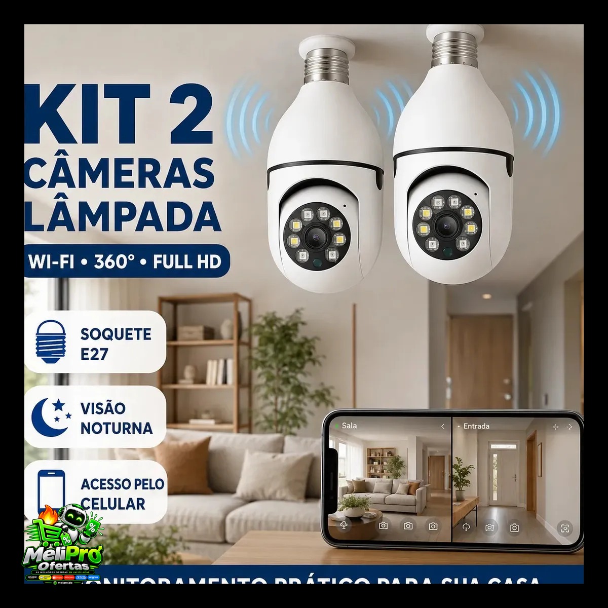 Kit 2 Câmeras de Segurança Lâmpada Wi-Fi Full HD 1080p para Monitoramento Interno