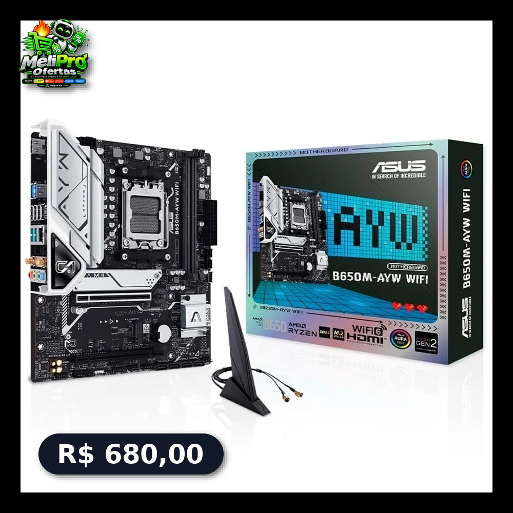 Placa Mãe ASUS B650M-AYW Wi-Fi, AM5, mATX, DDR5, Wi-fi, Bluetooth - 90MB1KI0-M0EAY0