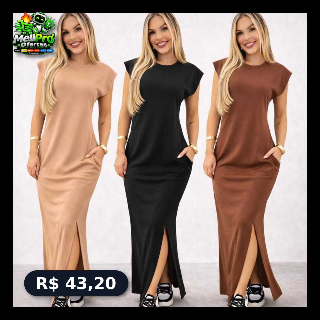 Vestido Feminino longo casual basico RIBANA canelada manga