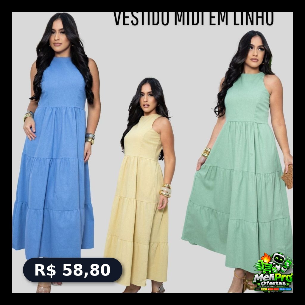 Vestido Midi Linho Feminino Elegante Casual Alfaiataria Bolsos