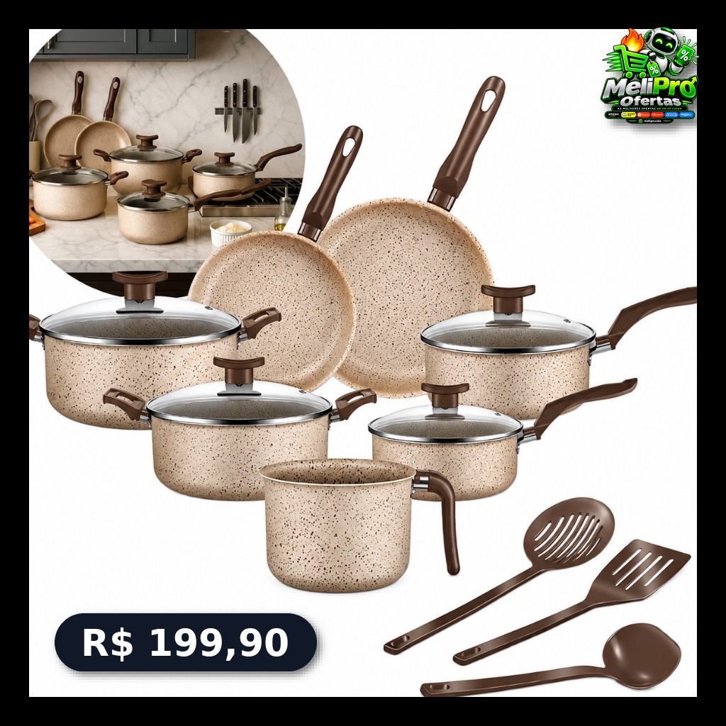 Jogo De Panelas 10 Peças Antiaderente Conjunto Frigideira Fervedor tampa de vidro Cor Coffee Cappuccino Kit Talheres